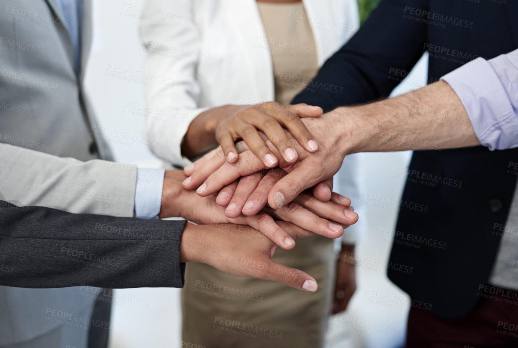 Buy stock photo Business people, hands together and meeting with teamwork for synergy, mission or collaboration at office. Closeup, group or employees piling with stack for huddle, unity or solidarity at workplace