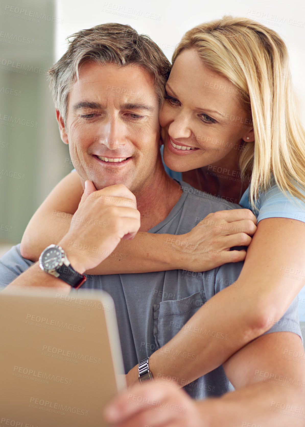 Buy stock photo Home, mature couple and happy with laptop for insurance cover, online research and information. House, woman and man with thinking for investment, financial review and proud wife for support with hug