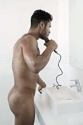 Buy stock photo Shot of a naked man standing in his bathroom