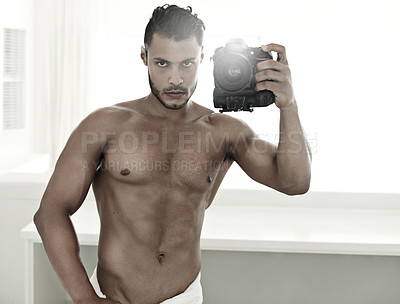 Buy stock photo Mirror selfie, body and a man with a camera in the bathroom of his home for health or hygiene. Photography, wellness and fitness with a handsome young male model posing for a photograph in a towel