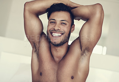 Buy stock photo Smile, portrait of topless young man and in bedroom of his house. Self care or proud face, confident or positive mindset and shirtless male model with muscle health or wellness at home in Brazil