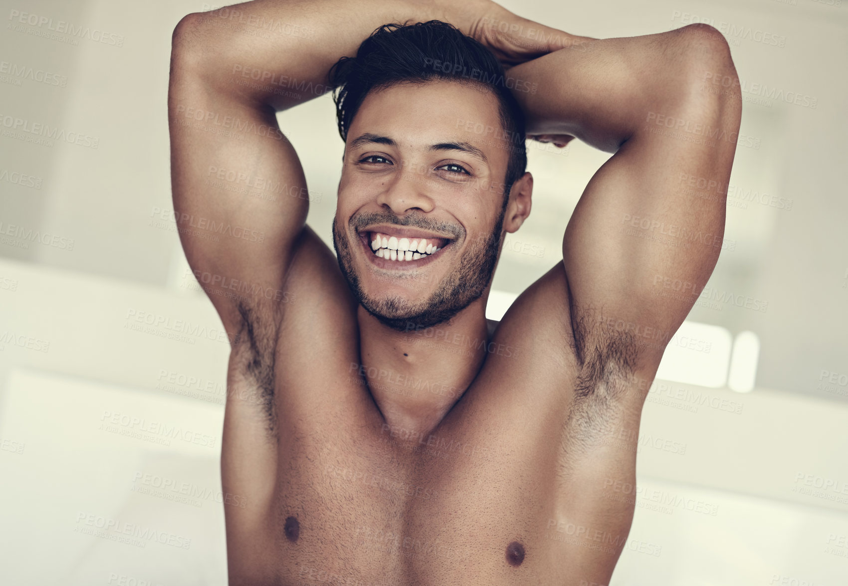 Buy stock photo Smile, portrait of topless young man and in bedroom of his house. Self care or proud face, confident or positive mindset and shirtless male model with muscle health or wellness at home in Brazil