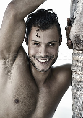 Buy stock photo Man, portrait and topless for travel confidence with fitness at nature palm tree, summer or vacation. Male person, face and smile shirtless in Thailand for explore at tropical island, healthy or trip