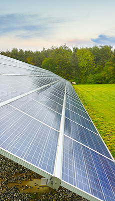 Buy stock photo Solar power renewable source in Denmark. Photovoltaic solar cell panels as a natural energy source. Blue solar panels generate electricity in solar power technology, alternative energy from nature