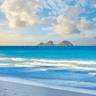 Buy stock photo Beach, nature and water waves in sea, sustainable vacation and Hawaii destination or travel holiday. Summer, island and outdoor or calm Lanikai for relax, shore coastline and clouds on blue sky