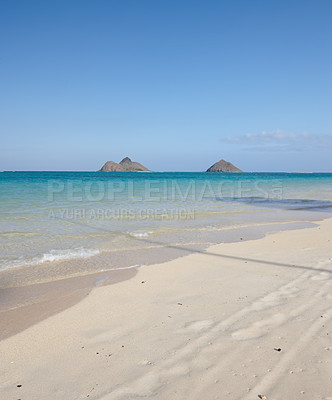 Buy stock photo Hawaii, beach island or ocean for vacation, travel or holiday in summer at Lanikai. Sea, water or sand on coast with blue sky, nature or clouds on horizon with calm waves on mockup space on landscape