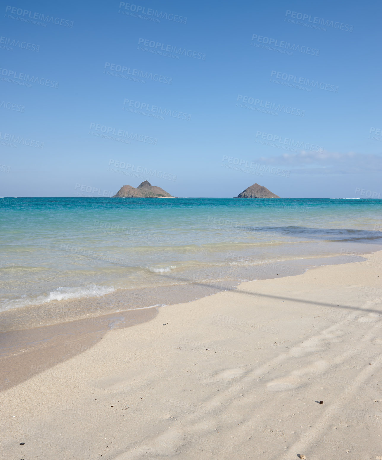 Buy stock photo Hawaii, beach island or ocean for vacation, travel or holiday in summer at Lanikai. Sea, water or sand on coast with blue sky, nature or clouds on horizon with calm waves on mockup space on landscape