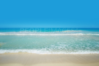 Buy stock photo Beach, nature and water waves in shoreline, sustainable vacation and Hawaii destination or travel holiday. Summer, tranquil and outdoor in calm Pacific Ocean, coastline and blue sky background