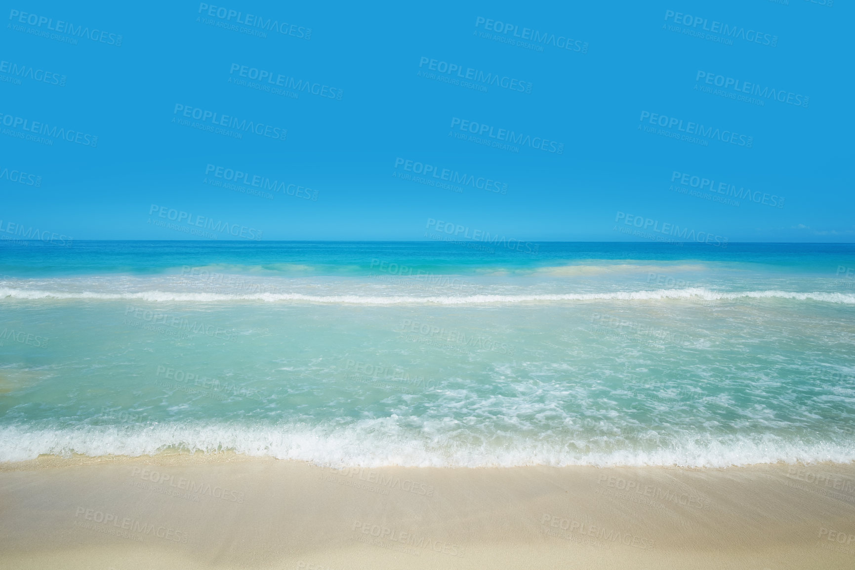 Buy stock photo Beach, nature and water waves in shoreline, sustainable vacation and Hawaii destination or travel holiday. Summer, tranquil and outdoor in calm Pacific Ocean, coastline and blue sky background