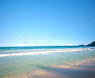 Buy stock photo Beach, nature and water waves or blue sky, sustainable vacation and Hawaii destination or travel holiday. Summer, island and outdoor for calm Pacific Ocean or relax, shore coastline and tranquil