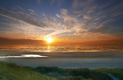 Buy stock photo Environment, sky and sunset at beach with clouds in season for summer holiday, travel or vacation. Earth, grass and sea with horizon on ocean for background, nature or tropical island reflection