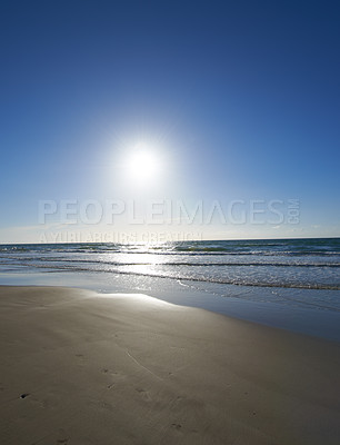 Buy stock photo Sky, sand or water on beach at sunset with calm, peace or zen background for holiday, travel or vacation. Earth, nature and tide with view of ocean or sea in Denmark for climate, journey and trip