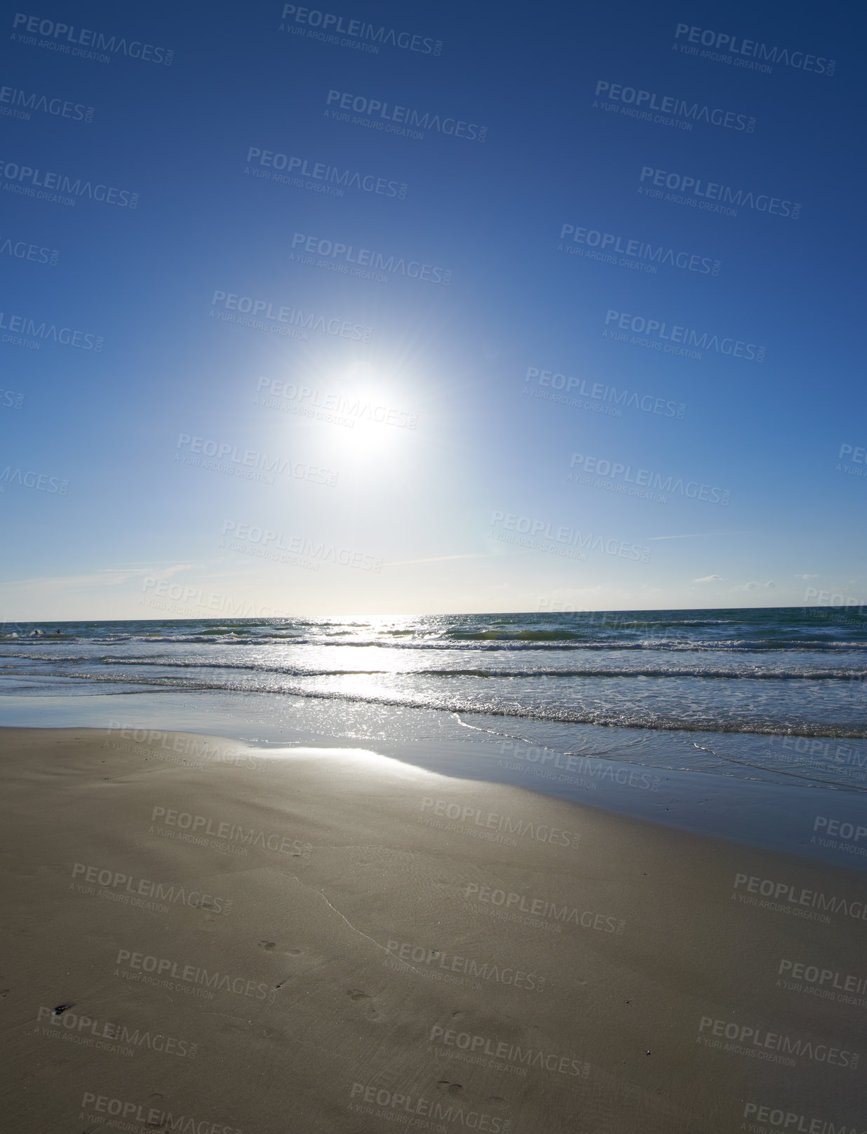 Buy stock photo Sky, sand or water on beach at sunset with calm, peace or zen background for holiday, travel or vacation. Earth, nature and tide with view of ocean or sea in Denmark for climate, journey and trip