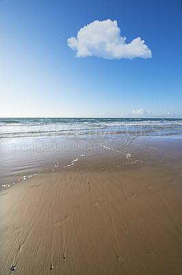 Buy stock photo Nature, coastline and sky with clouds at beach for environment, landscape or holiday destination. Empty, travel and ocean with waves for tourism, summer vacation or weekend getaway in Denmark