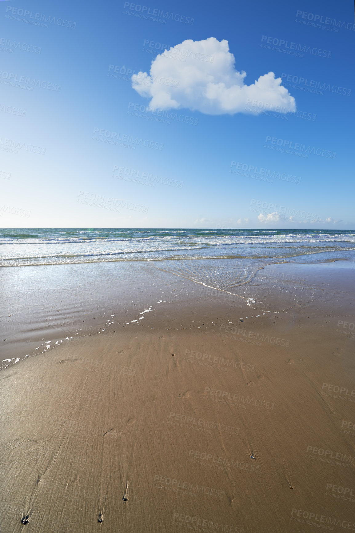 Buy stock photo Nature, coastline and sky with clouds at beach for environment, landscape or holiday destination. Empty, travel and ocean with waves for tourism, summer vacation or weekend getaway in Denmark