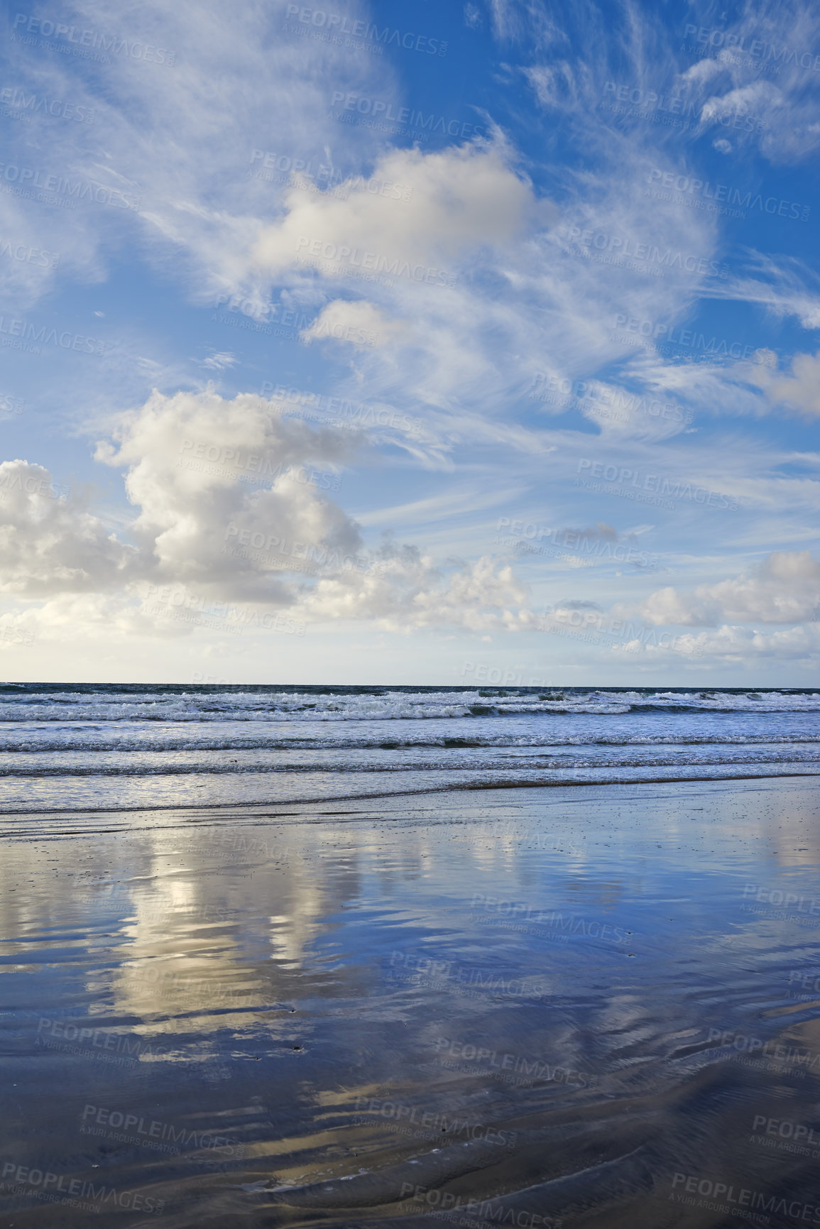 Buy stock photo Beach, sea and sunshine horizon with clouds, nature and Florida destination for relaxing or calm holiday. Summer, sunset and tranquil water in travel ocean, outdoor and vacation for getaway trip