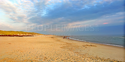 Buy stock photo Water, beach and sea for vacation, holiday and travel to Denmark in summer. Ocean, location and sand on coast with sky, nature or clouds on horizon with calm waves on  on landscape outdoor in Jutland