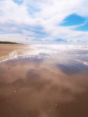 Buy stock photo Clouds, sky or sand with landscape of beach for travel destination, holiday or vacation in Australia. Waves, water or foam with background of natural environment with sea shore for tropical adventure