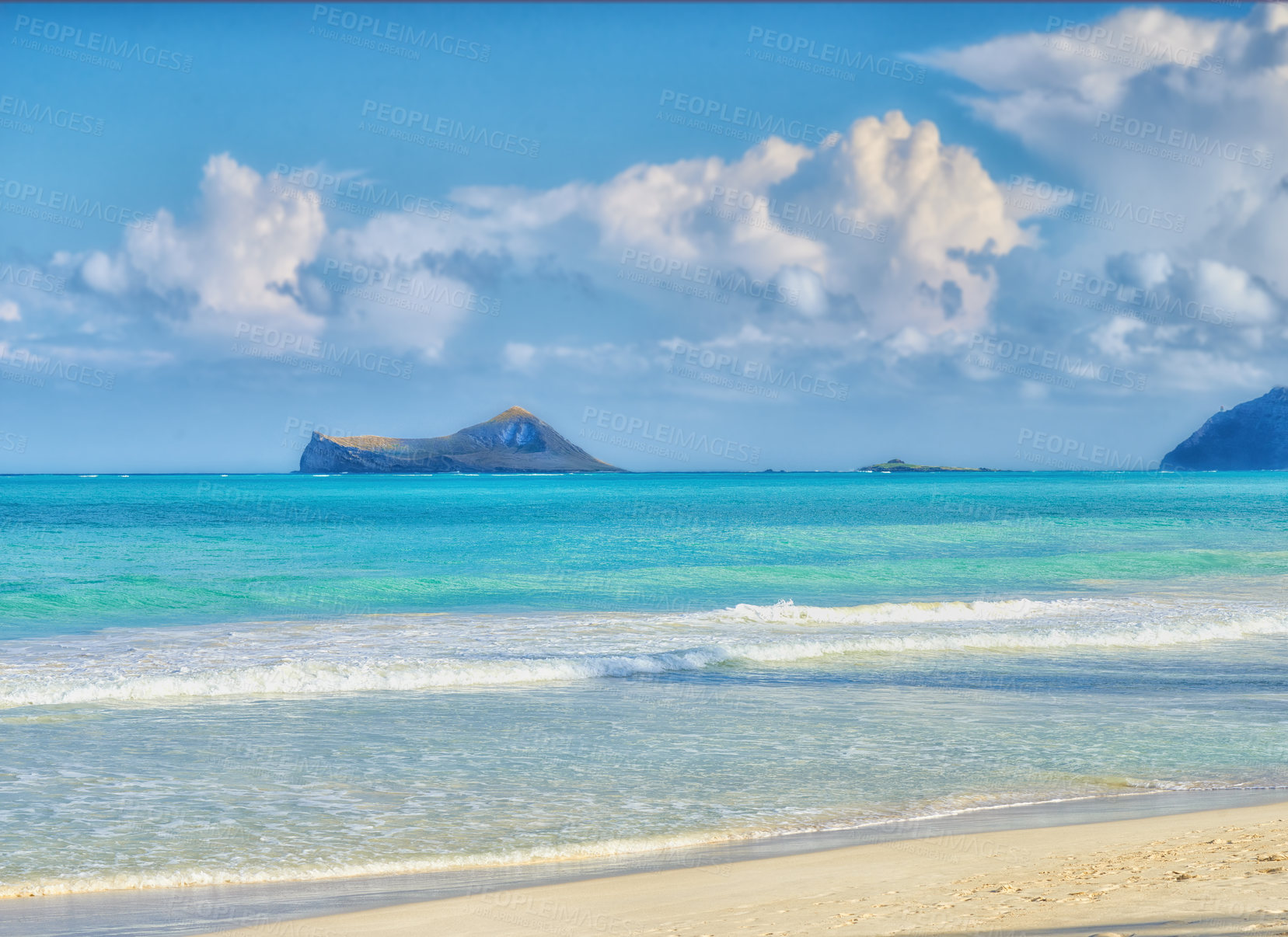 Buy stock photo Paradise, beach or waves with sky, clouds or ocean in nature or environment with travel destination. Horizon view, water or calm harmony in natural background, holiday location or heaven in Hawaii