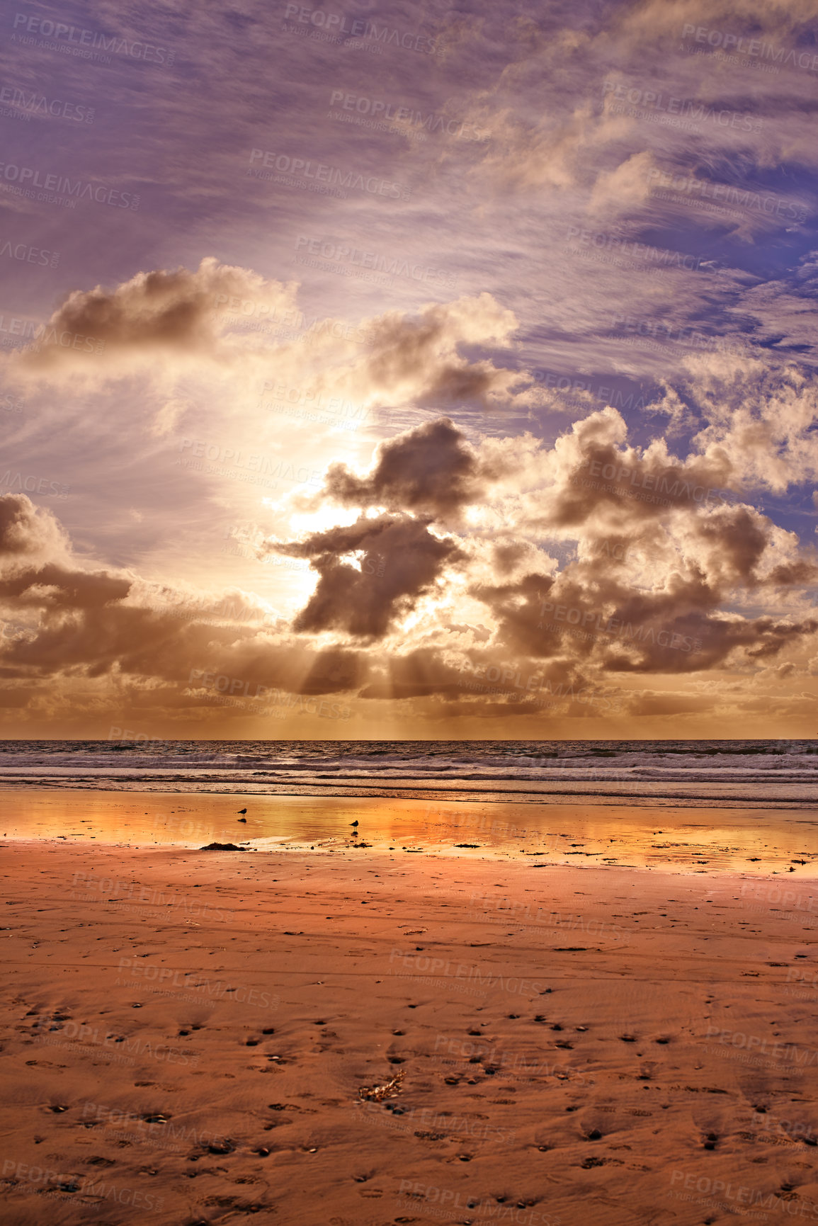 Buy stock photo Sunrise, clouds and sand with landscape of beach for travel location, holiday or vacation in California. Horizon, waves or sunset with background of natural environment with sea pebbles for adventure