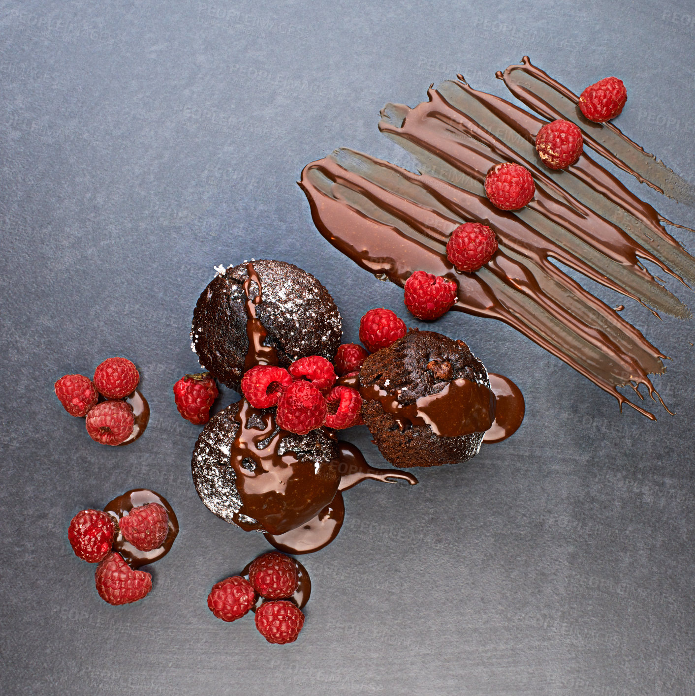 Buy stock photo Dessert, plate and raspberry with chocolate for cake with sugar for sweet, natural and fresh for balance of intense flavours. Baked, muffin and fruit at restaurant with organic ingredients as snack