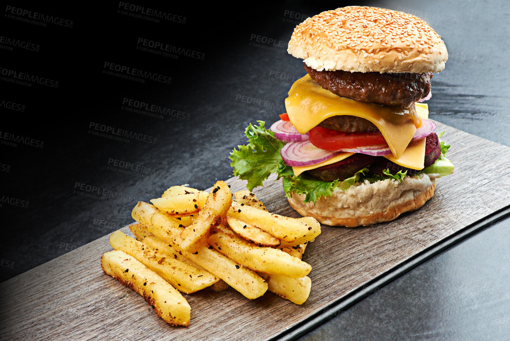 Buy stock photo Beef, burger and fries on menu in restaurant with lettuce, tomato and cheese on bread in kitchen. Bbq, hamburger and fast food with meat, salad and potato chips in cafeteria diner for dinner or lunch