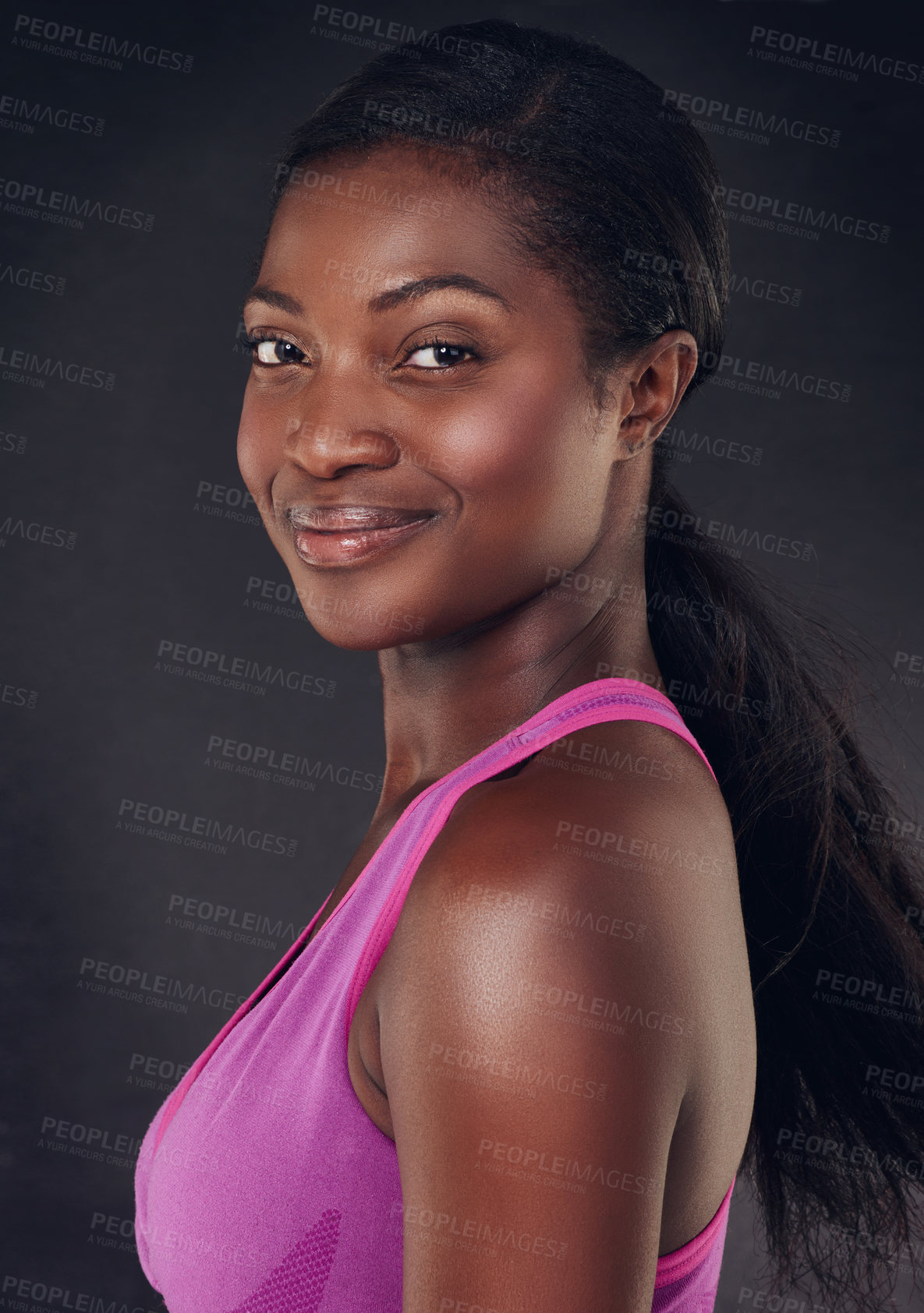 Buy stock photo Smile, fitness and portrait of black woman in studio for health, personal trainer and gym workout. Wellness, training and sports athlete with person from Ghana on dark background for exercise