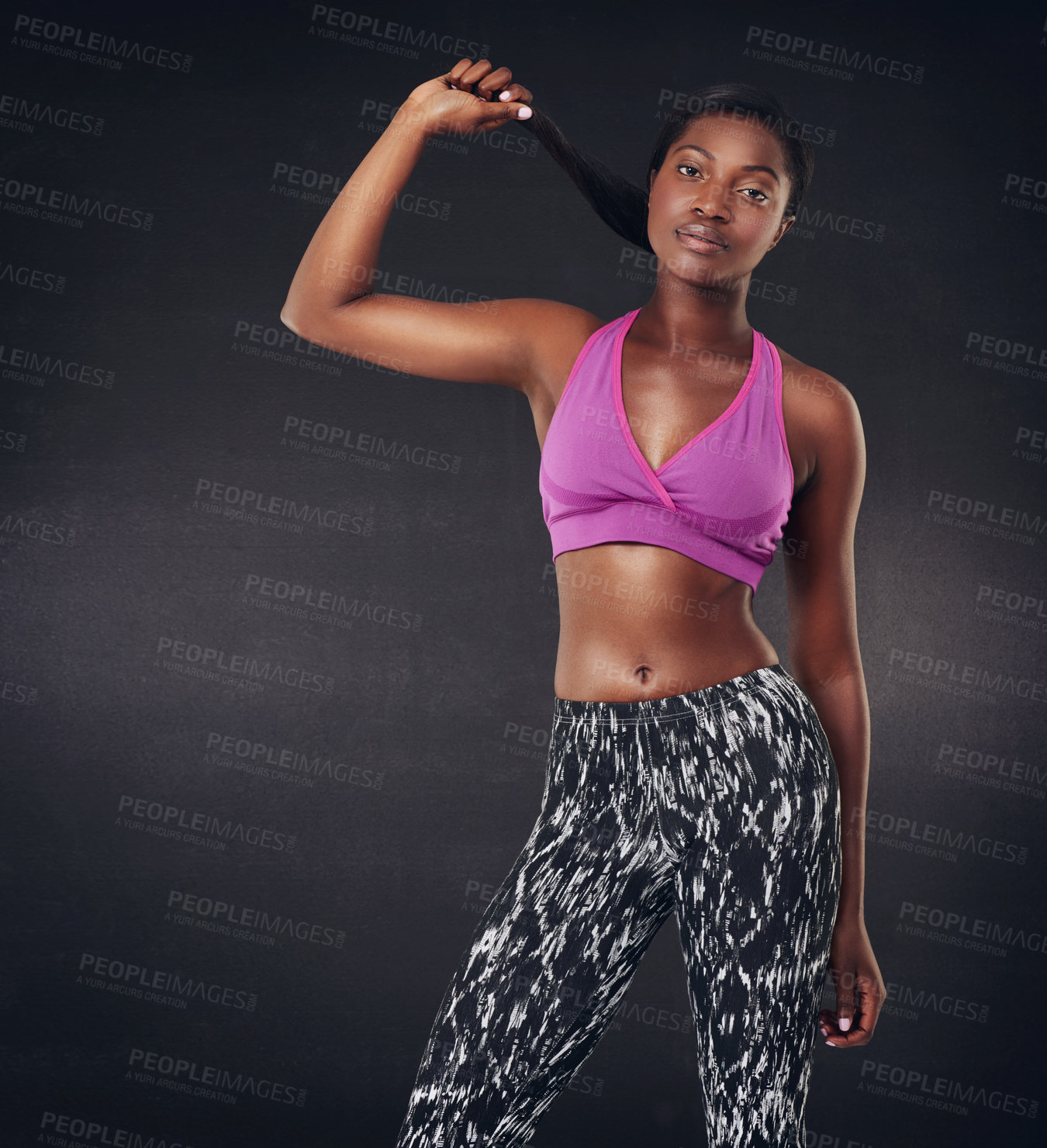 Buy stock photo Black woman, athlete and studio for fitness workout, sportswear and empowerment on black background. Female person, portrait and strong girl for training, exercise wellness and runner confidence