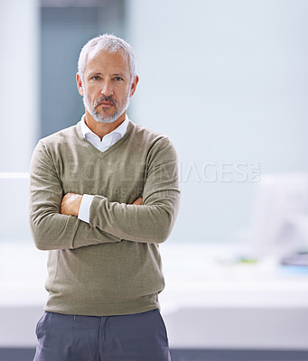 Buy stock photo CEO, portrait and serious businessman with arms crossed in office, startup company or creative agency. Designer, entrepreneur and face of mature man for professional, management or development