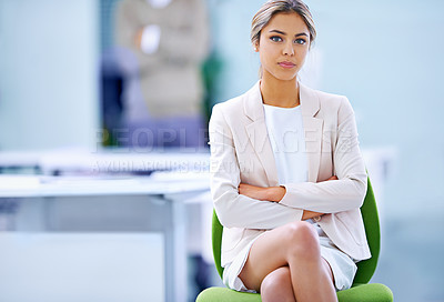Buy stock photo Woman, serious and portrait on chair in office for accounting, pride or financial career. Employee, arms crossed and business person with confidence for corporate company, work or professional job