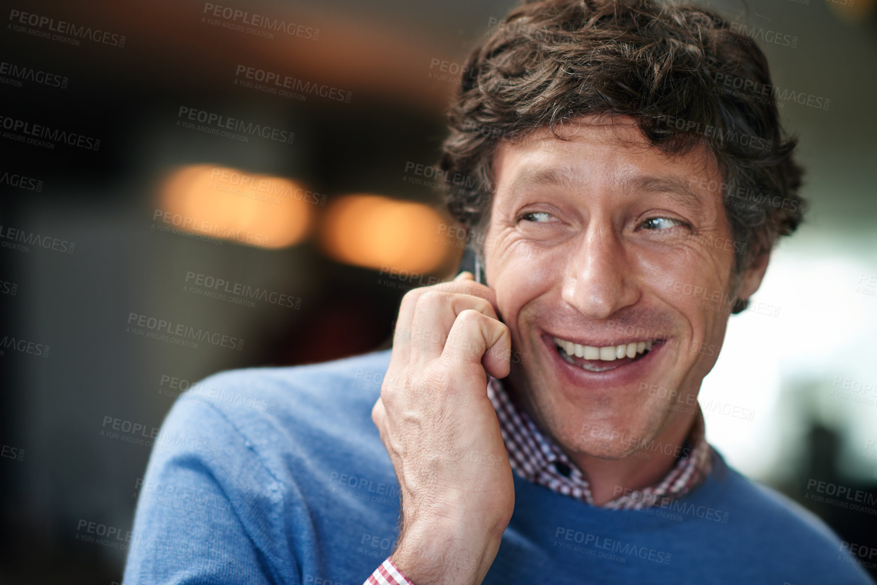 Buy stock photo Man, laughing and phone call in office for communication, negotiation offer and speaking to client. Male person, online and discussion with business contact in workplace, financial consultant and app