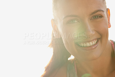 Buy stock photo Closeup portrait of an attractive woman in the outdoors on a sunny day