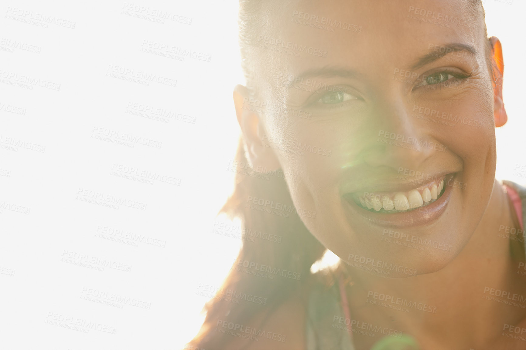Buy stock photo Flare, portrait and smile of woman outdoor in summer for holiday, travel satisfaction or vacation. Mockup space, relax and sunlight with happy person in nature for break, weekend trip or wellness