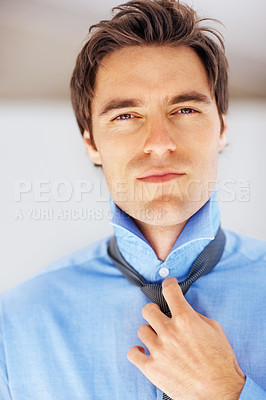 Buy stock photo Business, tie and portrait of man dressing in home for morning routine, change and ready. Fashion, professional and career with face of person and shirt for confidence, start and preparation 
