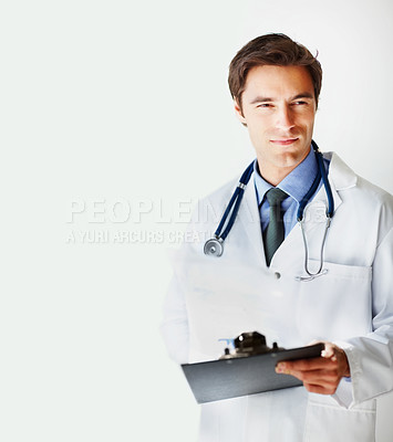 Buy stock photo Man, doctor and thinking with clipboard for prescription, research or checklist against a white studio background. Male person, surgeon or medical professional in wonder for life insurance on mockup