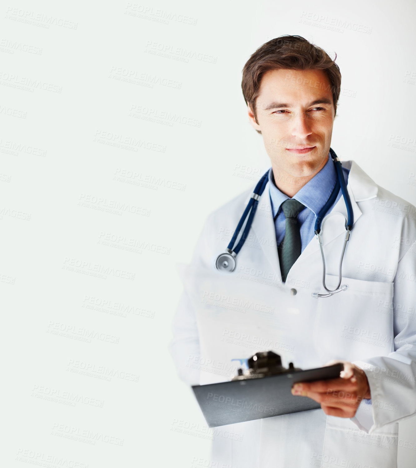 Buy stock photo Man, doctor and thinking with clipboard for prescription, research or checklist against a white studio background. Male person, surgeon or medical professional in wonder for life insurance on mockup