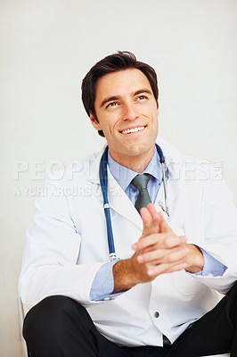 Buy stock photo Happiness, thinking doctor and relax man brainstorming problem solving solution, healthcare innovation or clinic ideas. Cardiology plan, medical inspiration and expert planning medicine development