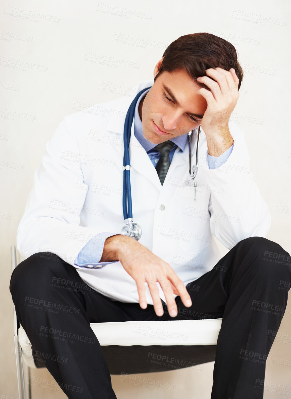 Buy stock photo Burnout, mental health and sad doctor, man or surgeon depressed over medical mistake, wellness services crisis or disaster. Hospital risk, cardiology fail and tired from clinic healthcare work