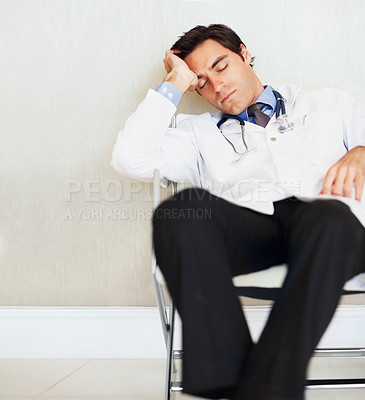 Buy stock photo Burnout, fatigue and sleeping doctor, man or surgeon rest after medical cardiology, wellness services or exhausted. Eyes closed, relax medic and professional nurse tired in clinic healthcare hospital