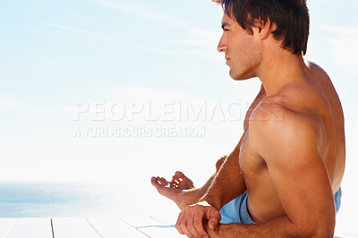 Buy stock photo Sea, relax and the body of a man on a deck with a view of the water in summer while on holiday or vacation. Freedom, ocean or sky and a shirtless young tourist tanning outdoor on a pier with space