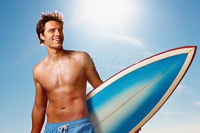 Buy stock photo Man, surfing and board with sky, happy and summer with fitness, health and vision for training. Athlete, surfboard and sunshine on holiday, start and thinking for ideas, workout and smile in nature