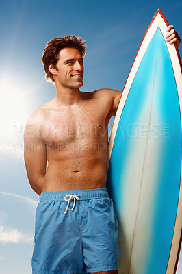 Buy stock photo Man, surfboard and sunshine summer by sky with smile for fitness, health and training. Athlete, surfer and board for holiday, happy and thinking outdoor for wellness, workout and exercise in nature