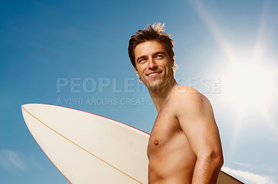 Buy stock photo Man, happy or shirtless with surfboard for summer workout, muscle or confident on vacation. Model, smile and fitness with natural glow of sport, cardio exercise and sunshine holiday by sky background