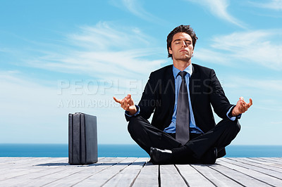 Buy stock photo Meditation, briefcase and business man on blue sky for relaxing, positive mindset and solution. Corporate person, thinking and worker outdoors in yoga pose for mental health in career, work and job