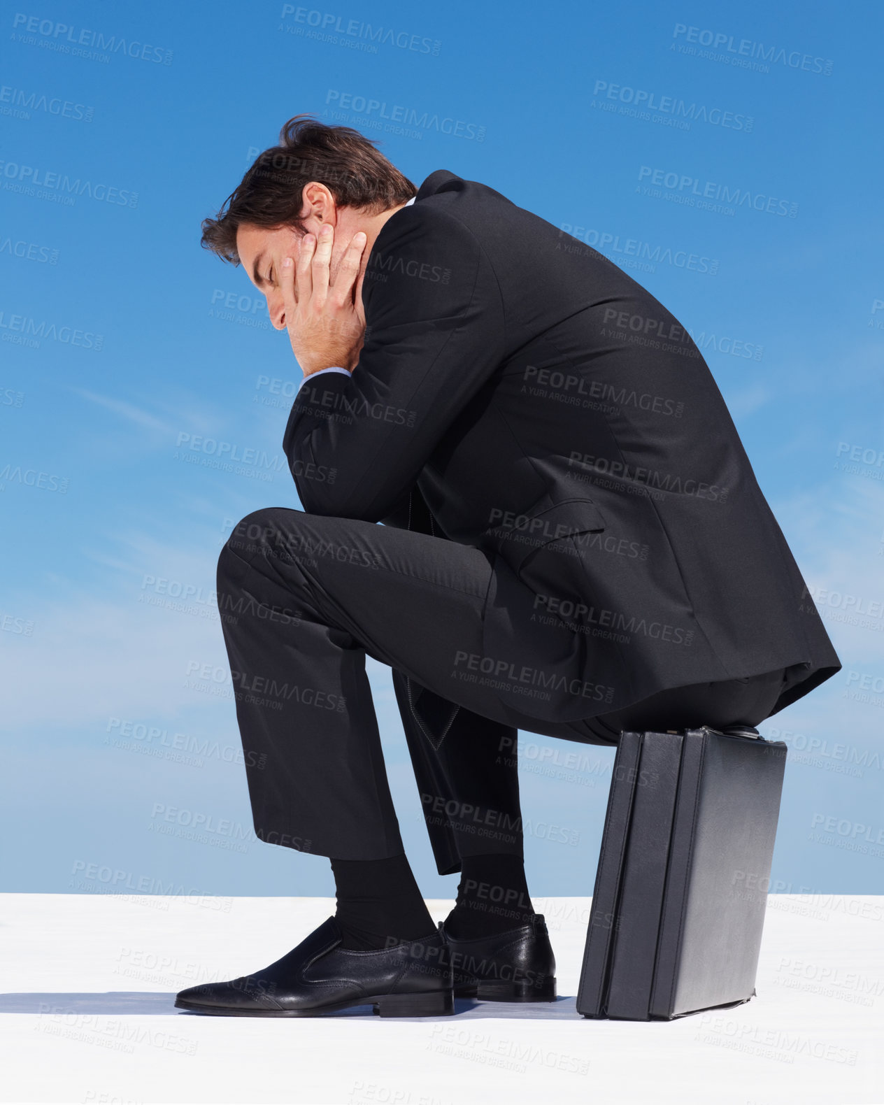 Buy stock photo Depression, sky or professional man sad, burnout or stress over lawyer mistake, company disaster or corporate fail. Mental health risk, bankruptcy anxiety or overwhelmed attorney sitting on suitcase 