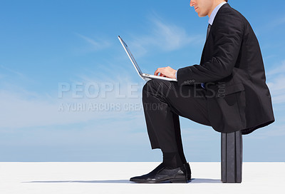 Buy stock photo Laptop, hands typing and business man on briefcase on blue sky mockup space. Serious professional consultant writing email on computer, working on research and communication on internet or website