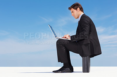 Buy stock photo Laptop, typing and business man on blue sky mockup space, clouds and briefcase. Serious professional consultant writing email on computer, working on research and communication on internet or website