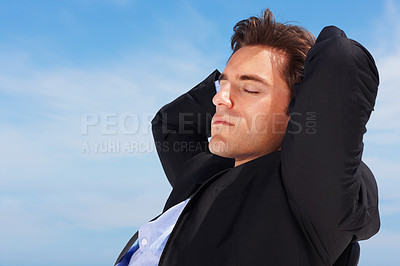 Buy stock photo Business man, relax and sleep outdoor with corporate professional in a chair with peace and calm. Worker, male employee and suit with mockup space and blue sky with job and career with nap and break