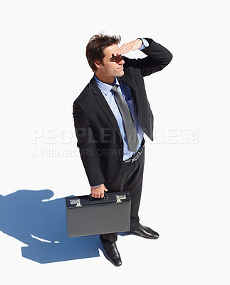 Buy stock photo Briefcase, thinking and young businessman with brainstorming and wonder expression by white background. Idea, bag and professional male person from Canada standing and dreaming or planning for work.