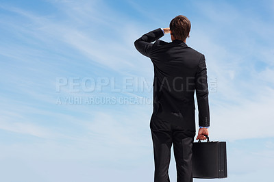 Buy stock photo Business man, briefcase and thinking by blue sky, professional and vision for company future. Male person, businessperson and ideas for career, plan and relaxing in outdoors, working and entrepreneur